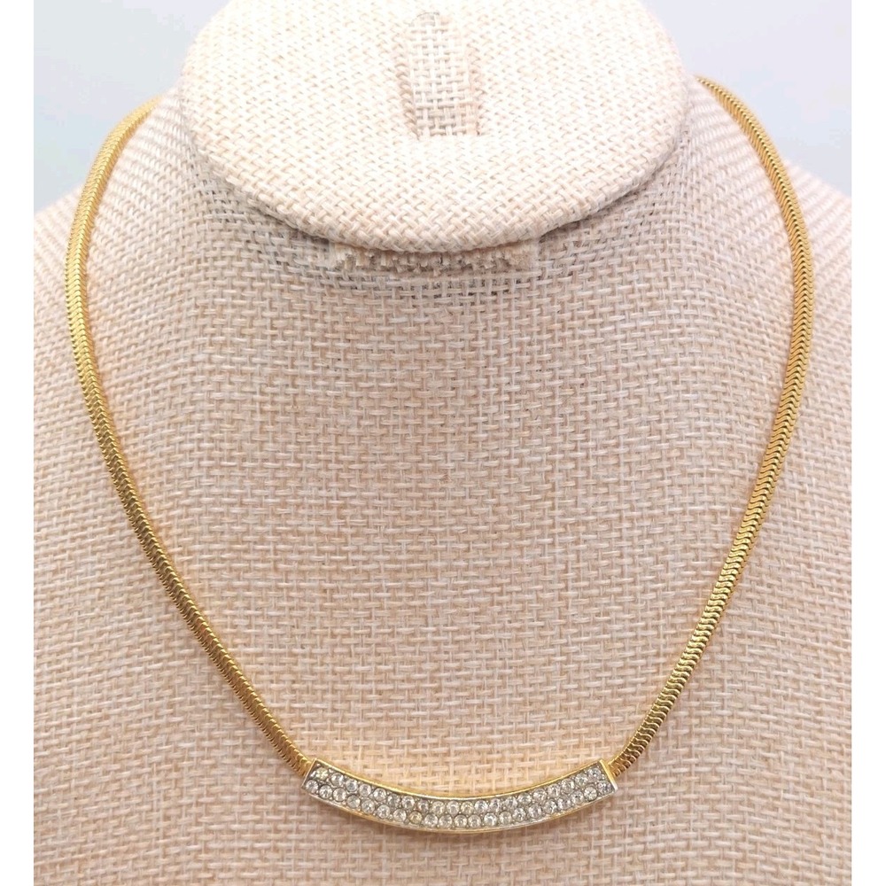 Trifari Rhinestone Bar Necklace Vintage Gold Tone Snake Chain Minimalist Glam